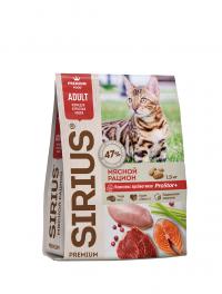 Сухой корм Sirius МЯСНОЙ РАЦИОН, для полноценного ежедневного рациона взрослых кошек с птицей, говядиной и лососем