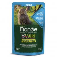 Влажный корм Monge Cat BWild GRAIN FREE Sterilised Anchovies, паучи из анчоусов с овощами для взрослых кошек 85г