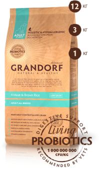 Корм GRANDORF ADULT ALL BREEDS LIVING PROBIOTICS 4 MEAT & BROWN RICE, для собак всех пород с живыми пробиотиками из 4 видов мяса с бурым рисом.