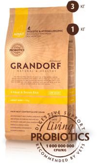 Корм GRANDORF ADULT MINI LIVING PROBIOTICS 4 MEAT & BROWN RICE, для собак малых пород, 4 вида мяса/бурый рис