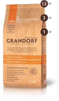 Корм GRANDORF JUNIOR ALL BREEDS LAMB & RICE, для юниоров всех пород, беременных и кормящих сук средних и крупных пород низкозерновой ягненок с рисом